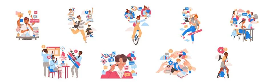 People Student Characters Learning Multitasking Switching Between Different Stockillustratie