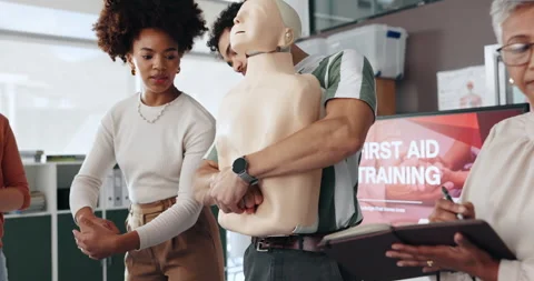 People, student or dummy for first aid training for rescue safety, demonstration Stock Footage 306143326