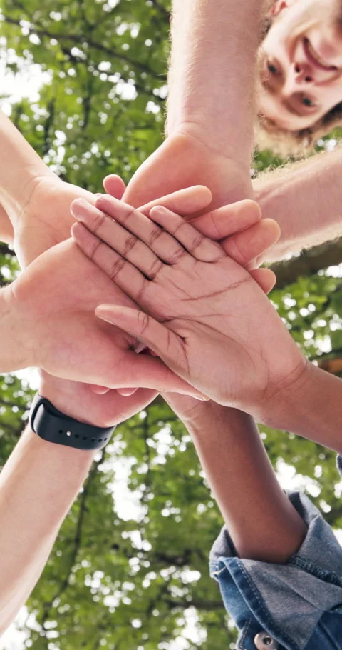 People, students and hand stack for education, teamwork and motivation for new Stock Footage 347273370
