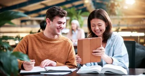 People, students and tablet on campus for collaboration, exam preparation a.. Stock Photos