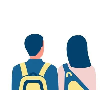 People students with backpack, couple back view. Young friends with school .. Illustrazione stock