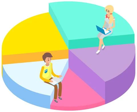 People studing and workinf on laptop and sitting on sectorized chart. Online イラスト素材