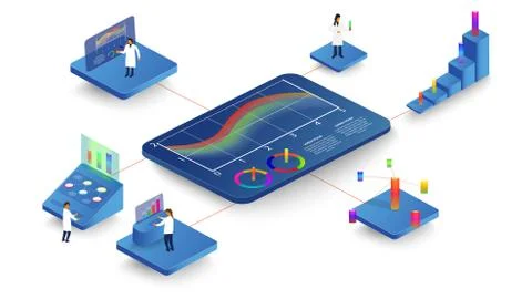 People study dynamic processes in graphs and diagrams. 3d isometric infograph Stock Illustration