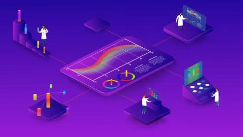 People study dynamic processes in graphs and diagrams. 3d isometric infograph Stock Illustration