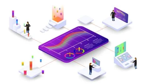 People study dynamic processes in graphs and diagrams. 3d isometric infograph Stock Illustration