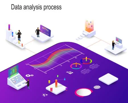 People study dynamic processes in graphs and diagrams. 3d isometric infograph Stock Illustration