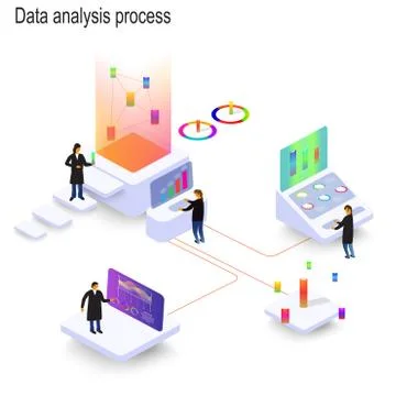 People study dynamic processes in graphs and diagrams. 3d isometric infograph Stock Illustration