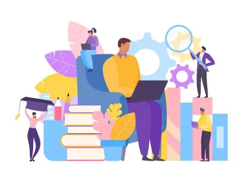 People study education online, vector illustration. Flat university student with Ilustración de archivo