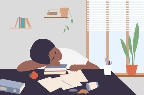 People study hard, tired student, boy sleeping on table next to books, working Illustrazione stock