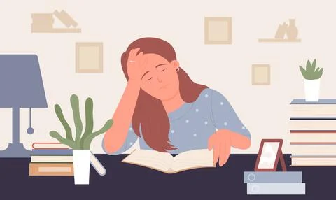 People study hard, tired student, boy sleeping on table next to books, working Stock Illustration