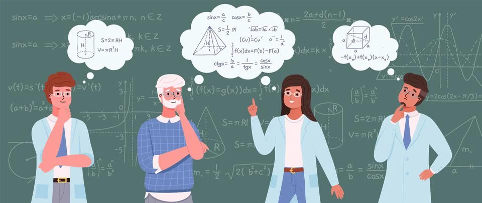 People study math. Scientists on blackboard background with mathematical Stock Illustration
