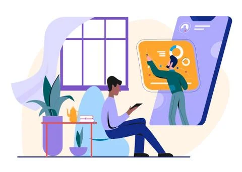 People study online vector illustration, cartoon flat man student character Stock Illustration