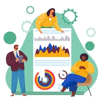 People study statistics on presentation board. Analyze graphs and charts concept Stock Illustration