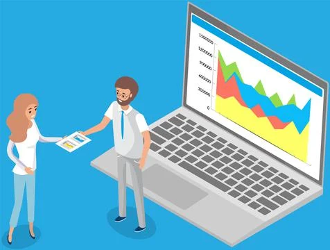 People study statistics shown on bar chart. Analyze graphs, charts working with Stock Illustration