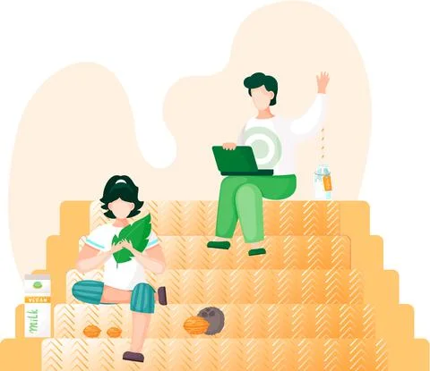People study topic of vegetarianism and healthy eating, sitting with computer Stock Illustration