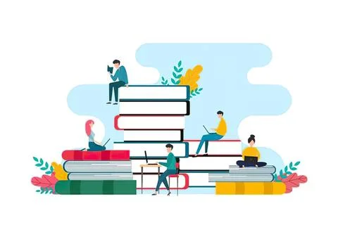 People studying and working on large stack of books Stock Illustration
