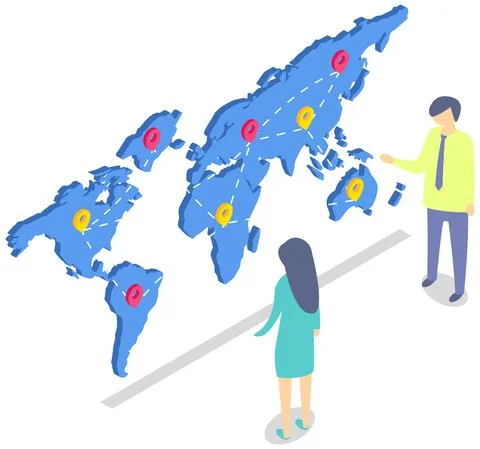 People studying destination map with marks. Guy and girl work together in イラスト素材