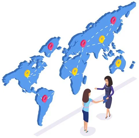 People studying destination map with marks. Guy and girl work together in Illustrazione stock