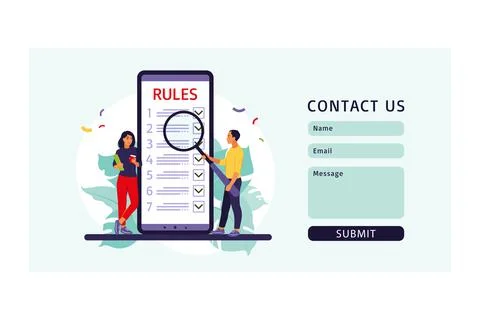 People studying list of rules, making checklist, reading guidance. Contact us Stock Illustration