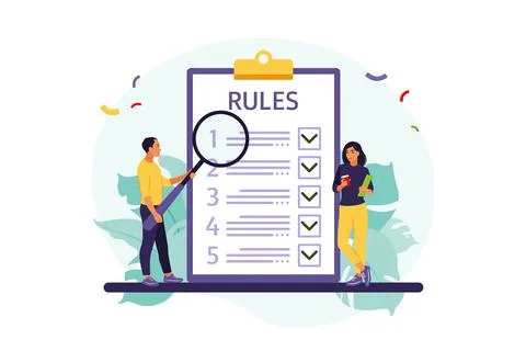 People studying list of rules, making checklist, reading guidance. Vector ill Stock Illustration
