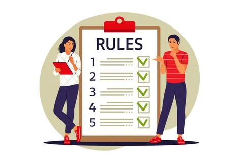 People studying list of rules. Making checklist. Reading guidance. Vector ill Illustrazione stock