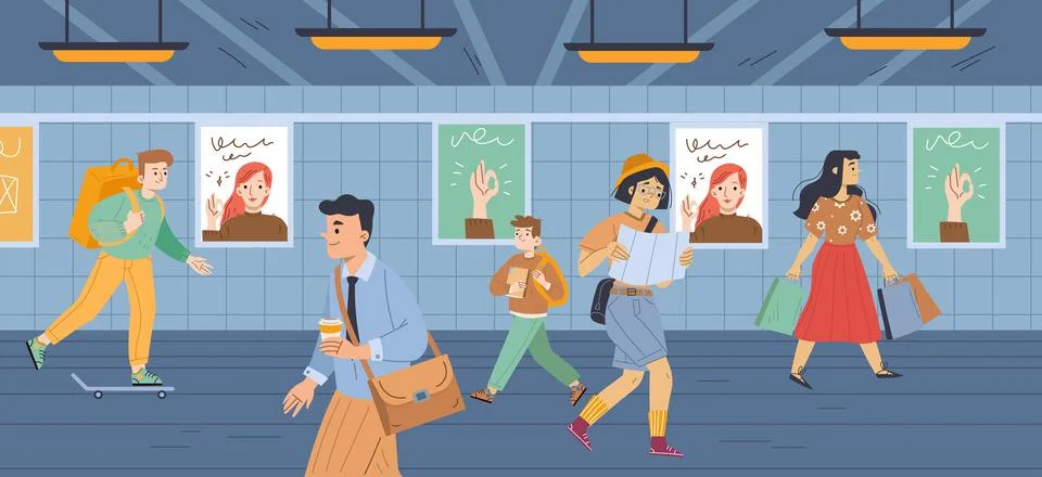 People at subway, underground crossing, metro Stock Illustration