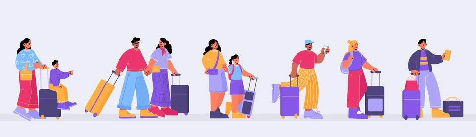 People with suitcases standing in queue Illustrazione stock