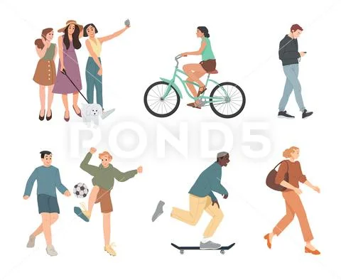 People. Summer outdoors activities. Walking, Riding bicycle, playing Stock Illustration