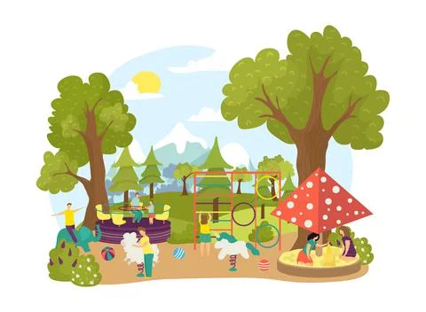 People at summer park playground, vector illustration. Cute outdoor childhood Ilustração Stock