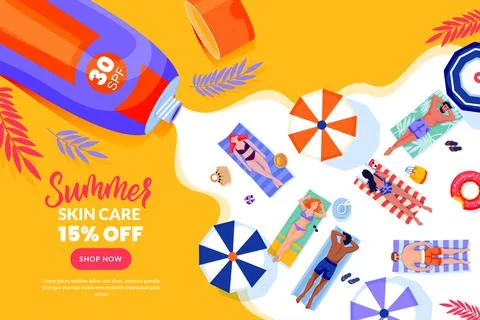 People sunbathing on beach. Poster or banner with liquid sunblock cream backg Stock Illustration