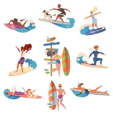 People Surfer on Surf Board Riding Moving Wave of Water Vector Set Stock Illustration