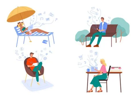 People surfing internet using digital device set Illustrazione stock