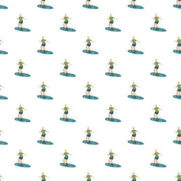 People surfing on waves seamless pattern creating wallpaper Illustrazione stock
