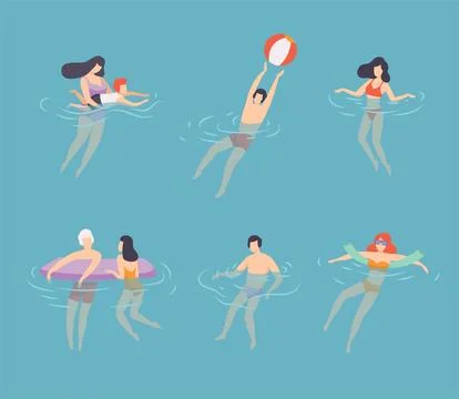 People swimming in water set. Men, women and kids swimming in pool, sea at Illustrazione stock