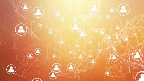 People symbol and network connection lines on orange background in social med Illustrazione stock