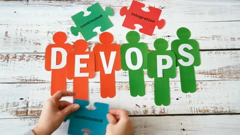 People symbols and puzzles with devops words. DevOps Concept for software eng Stock Footage 131358274
