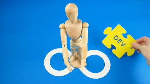 People symbols and puzzles with devops words. DevOps Concept for software eng Stock Footage 136823136