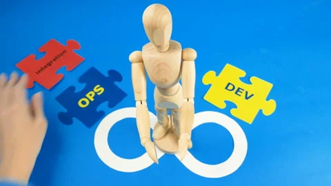 People symbols and puzzles with devops words. DevOps Concept for software eng Stock Footage 146579788
