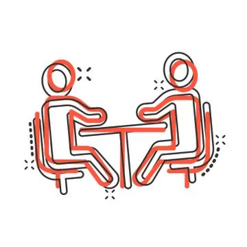 People with table icon in comic style. Teamwork conference cartoon Stock Illustration