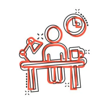 People with table lamp and clock icon in comic style. Coworking space cartoon Stock Illustration