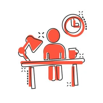 People with table lamp and clock icon in comic style. Coworking space cartoon Stockillustratie