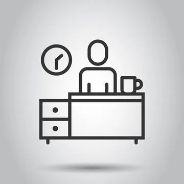 People with table lamp and clock icon in flat style. Coworking space vector i Stock Illustration