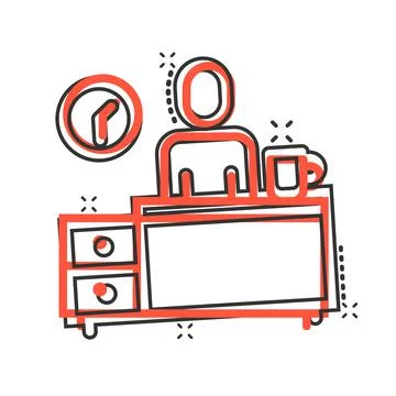 People with table lamp and clock icon in comic style. Coworking space cartoon Stockillustratie