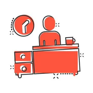 People with table lamp and clock icon in comic style. Coworking space cartoon Stockillustratie