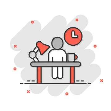 People with table lamp and clock icon in comic style. Coworking space cartoon Illustrazione stock