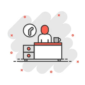 People with table lamp and clock icon in comic style. Coworking space cartoon Illustrazione stock