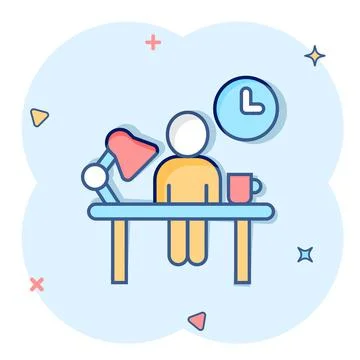 People with table lamp and clock icon in comic style. Coworking space cartoon Stockillustratie