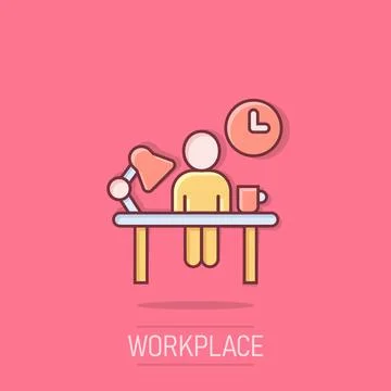 People with table lamp and clock icon in comic style. Coworking space carto.. Illustrazione stock