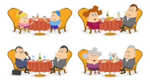 People at the Tables Set Isolated Stock Illustration