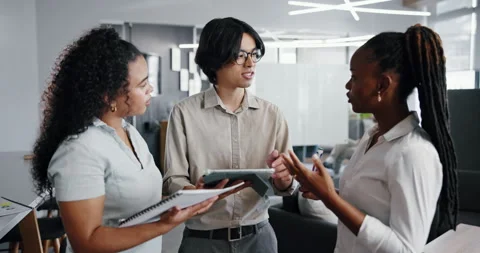 People, tablet and meeting in office with discussion for marketing internship, Stock Footage 324001853